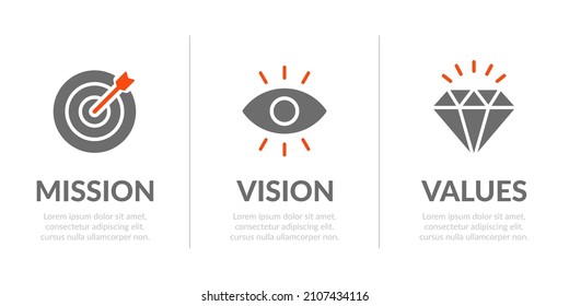 Mission, Vision and Values of company in modern flat design concept for web template and business presentation.