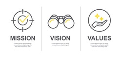 Миссия, видение и ценности компании с текстом. Шаблон веб-страницы. Современный плоский дизайн. Абстрактный значок. Целевая бизнес-концепция. Иллюстрация символа миссии. Абстрактный глаз. Бизнес-презентация V4