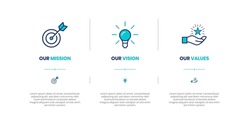 Mission, Vision And Values Of Company With Text. Company Infographic Banner Template. Modern Flat Icon Design. Abstract Icon. Purpose Business Concept.