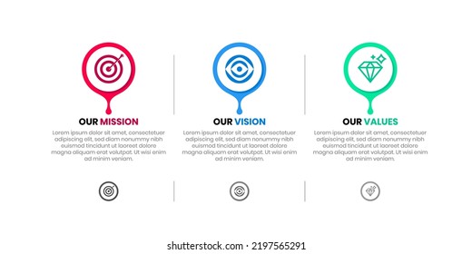 Mission, Vision, and Values of the company with text. Company infographic Banner template. Modern flat icon design. Abstract icon. Purpose business concept. Mission symbol illustration. 