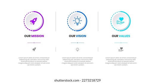 Mission, Vision and Values of company with text. Company infographic Banner template. Modern flat icon design. Abstract icon. Purpose business concept. Mission symbol illustration. Abstract eye.