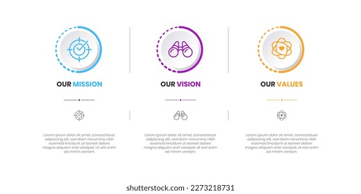 Mission, Vision and Values of company with text. Company infographic Banner template. Modern flat icon design. Abstract icon. Purpose business concept. Mission symbol illustration. Abstract eye.