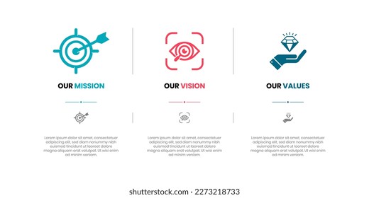 Mission, Vision and Values of company with text. Company infographic Banner template. Modern flat icon design. Abstract icon. Purpose business concept. Mission symbol illustration. Abstract eye.