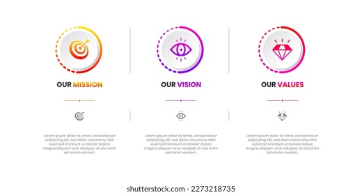 Mission, Vision and Values of company with text. Company infographic Banner template. Modern flat icon design. Abstract icon. Purpose business concept. Mission symbol illustration. Abstract eye.