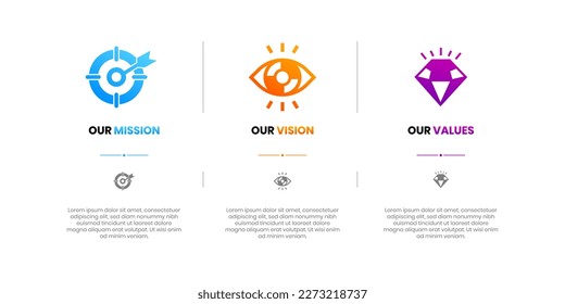 Mission, Vision and Values of company with text. Company infographic Banner template. Modern flat icon design. Abstract icon. Purpose business concept. Mission symbol illustration. Abstract eye.