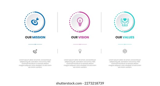 Mission, Vision, and Values of a company with text. Company infographic Banner template. Modern flat icon design. Abstract icon. Purpose business concept. Mission symbol illustration. Abstract eye.