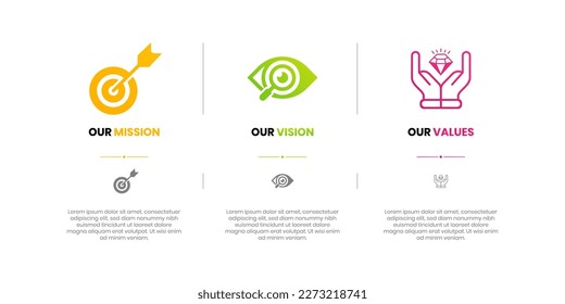 Mission, Vision and Values of company with text. Company infographic Banner template. Modern flat icon design. Abstract icon. Purpose business concept. Mission symbol illustration. Abstract eye.