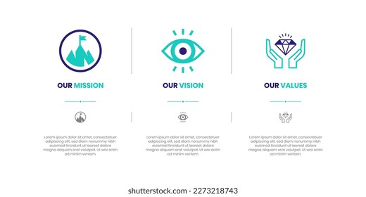 Mission, Vision and Values of company with text. Company infographic Banner template. Modern flat icon design. Abstract icon. Purpose business concept. Mission symbol illustration. Abstract eye.