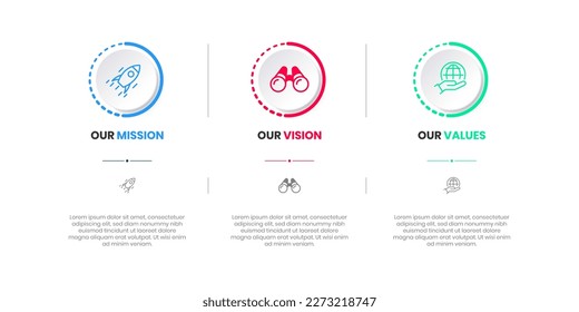 Mission, Vision and Values of company with text. Company infographic Banner template. Modern flat icon design. Abstract icon. Purpose business concept. Mission symbol illustration. Abstract eye.