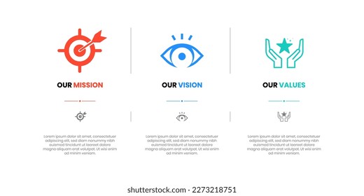 Mission, Vision and Values of company with text. Company infographic Banner template. Modern flat icon design. Abstract icon. Purpose business concept. Mission symbol illustration. Abstract eye.