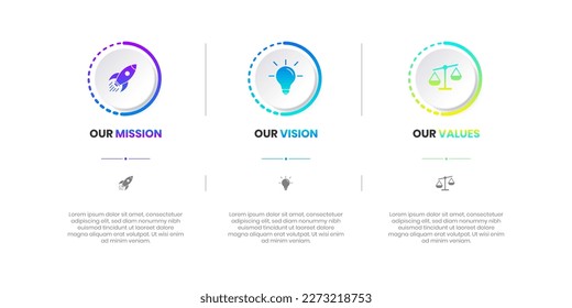 Mission, Vision and Values of company with text. Company infographic Banner template. Modern flat icon design. Abstract icon. Purpose business concept. Mission symbol illustration. Abstract eye.