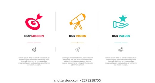 Mission, Vision and Values of company with text. Company infographic Banner template. Modern flat icon design. Abstract icon. Purpose business concept. Mission symbol illustration. Abstract eye.