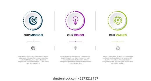 Mission, Vision and Values of company with text. Company infographic Banner template. Modern flat icon design. Abstract icon. Purpose business concept. Mission symbol illustration. Abstract eye.