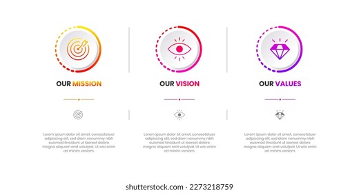 Mission, Vision and Values of company with text. Company infographic Banner template. Modern flat icon design. Abstract icon. Purpose business concept. Mission symbol illustration. Abstract eye.