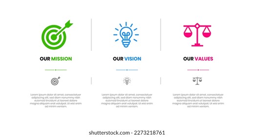 Mission, Vision and Values of company with text. Company infographic Banner template. Modern flat icon design. Abstract icon. Purpose business concept. Mission symbol illustration. Abstract eye.