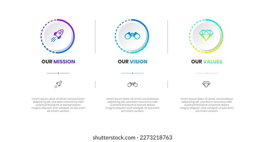 Mission, Vision, and Values of company with text. Company infographic Banner template. Modern flat icon design. Abstract icon. Purpose business concept. Mission symbol illustration. Abstract eye.