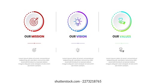 Mission, Vision, and Values of a company with text. Company infographic Banner template. Modern flat icon design. Abstract icon. Purpose business concept. Mission symbol illustration. Abstract eye.