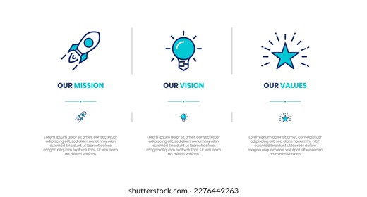 Mission, Vision and Values of company with text. Company infographic Banner template. Modern flat icon design. Abstract icon. Purpose business concept.