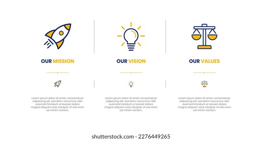 Mission, Vision and Values of company with text. Company infographic Banner template. Modern flat icon design. Abstract icon. Purpose business concept.