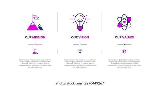 Mission, Vision and Values of company with text. Company infographic Banner template. Modern flat icon design. Abstract icon. Purpose business concept.