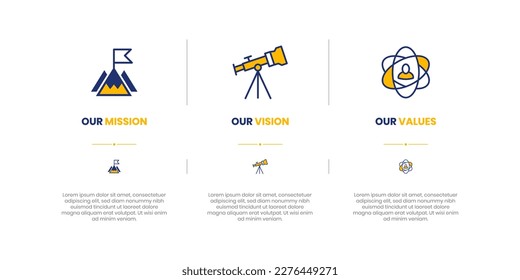 Mission, Vision and Values of company with text. Company infographic Banner template. Modern flat icon design. Abstract icon. Purpose business concept.