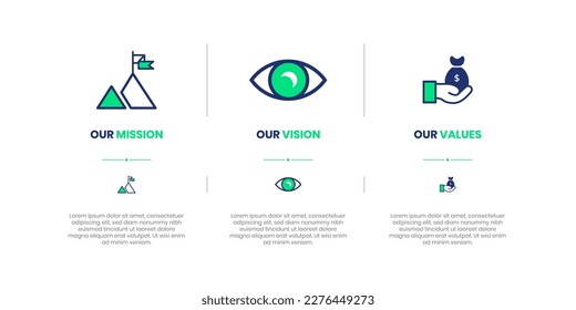 Mission, Vision and Values of company with text. Company infographic Banner template. Modern flat icon design. Abstract icon. Purpose business concept.
