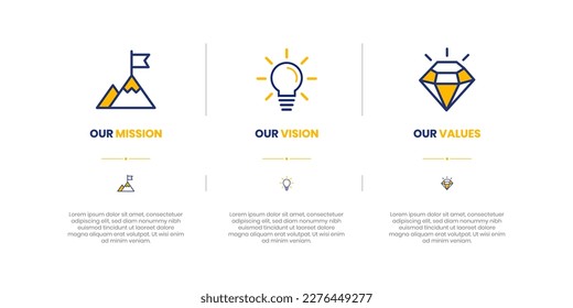 Mission, Vision and Values of company with text. Company infographic Banner template. Modern flat icon design. Abstract icon. Purpose business concept.