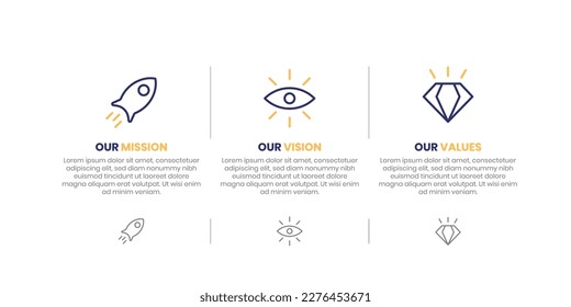 Mission, Vision and Values of company with text. Company infographic Banner template. Modern flat icon design. Abstract icon. Purpose business concept. Mission symbol illustration. Abstract eye.