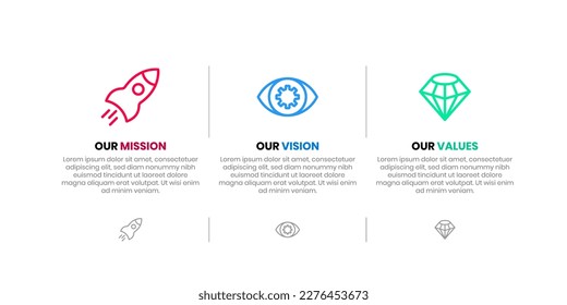 Mission, Vision and Values of company with text. Company infographic Banner template. Modern flat icon design. Abstract icon. Purpose business concept. Mission symbol illustration. Abstract eye. 