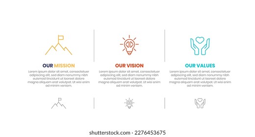 Mission, Vision and Values of company with text. Company infographic Banner template. Modern flat icon design. Abstract icon. Purpose business concept. Mission symbol illustration. Abstract eye.