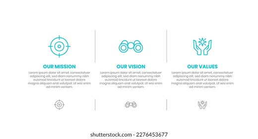 Mission, Vision and Values of company with text. Company infographic Banner template. Modern flat icon design. Abstract icon. Purpose business concept. Mission symbol illustration. Abstract eye.