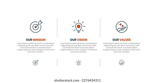 Mission, Vision and Values of company with text. Company infographic Banner template. Modern flat icon design. Abstract icon. Purpose business concept. Mission symbol illustration. Abstract eye.