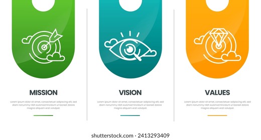 Misión, visión y valores de la empresa con texto. Infografía de la empresa Plantilla de banner. Diseño moderno de iconos planos. Icono de resumen. Concepto de negocio de propósito. Ilustración del símbolo de la misión.