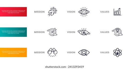 Mission, Vision and Values of company with text. Company infographic Banner template. Modern flat icon design. Abstract icon. Purpose business concept. Mission symbol illustration.