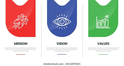 Mission, Vision and Values of company with text. Company infographic Banner template. Modern flat icon design. Abstract icon. Purpose business concept. Mission symbol illustration.