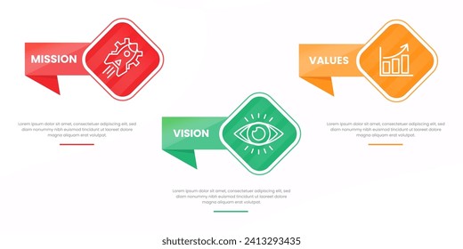 Mission, Vision and Values of company with text. Company infographic Banner template. Modern flat icon design. Abstract icon. Purpose business concept. Mission symbol illustration.