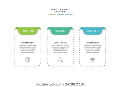 Misión, Visión y Valores de la empresa con texto. Plantilla de Anuncio de infografía de empresa. Diseño de icono plano moderno. Abstractas. Concepto de negocio de propósito.