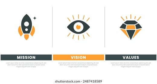 Mission, Vision and Values of company with text Company infographic Banner template. Modern flat icon design. Abstract icon. Purpose business concept. Business vision presentation