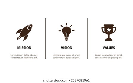 Mission, Vision and Values of company with text. Web page template. Modern flat design. Abstract icon. Purpose business concept. Mission symbol