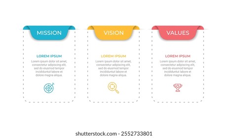 Missão, visão e valores da empresa com texto. Modelo de banner de infográfico da empresa. Design moderno de ícone plano. Ícone Abstrato. Conceito comercial do objetivo.