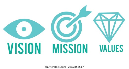 Mission, Vision and Values of company with text. Web page template. Modern flat design. Abstract icon. Purpose business concept. Mission symbol illustration.