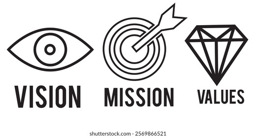 Mission, Vision and Values of company with text. Web page template. Modern flat design. Abstract icon. Purpose business concept. Mission symbol illustration.