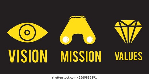 Mission, Vision and Values of company with text. Company infographic Banner template. Modern flat icon design. Abstract icon. Purpose business concept.