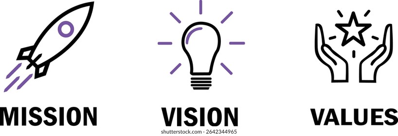 Mission, Vision and Values of company with text. Web page template. Modern flat design. Abstract icon. Purpose business concept. Mission symbol illustration.	