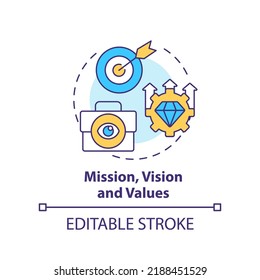 Mission, Vision And Values Concept Icon. Factor That Affect Workplace Culture Abstract Idea Thin Line Illustration. Isolated Outline Drawing. Editable Stroke. Arial, Myriad Pro-Bold Fonts Used