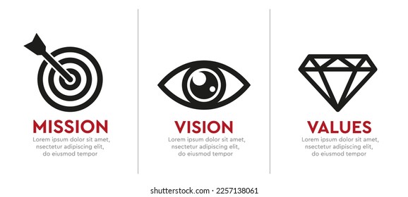 Mission, Vision, Values - corporate philosophy icons. Vector company icons.