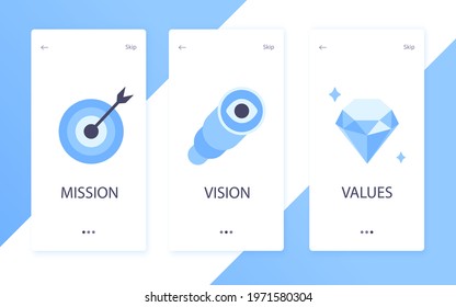 Mission, vision and values flat style design icons signs web concepts vector illustration set isolated on white background. Web page template concepts for business company strategy and teamwork plan.