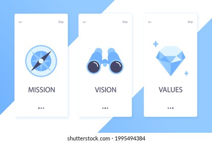 Mission, vision and values flat style design icons signs web concepts vector illustration set isolated on white background. Web page template concepts for business company strategy and teamwork plan.