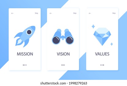 Iconos de diseño de misión, visión y valores de estilo plano señaliza conceptos web ilustraciones vectoriales aisladas en fondo blanco. Conceptos de plantilla de página Web para la estrategia de la empresa empresarial y el plan de trabajo en equipo.