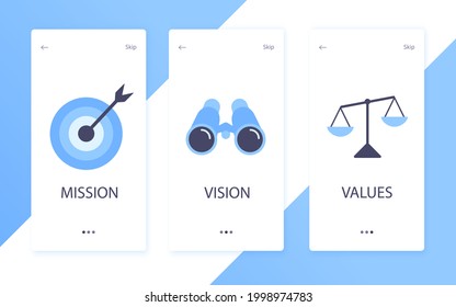 Mission, vision and values flat style design icons signs web concepts vector illustration set isolated on white background. Web page template concepts for business company strategy and teamwork plan.